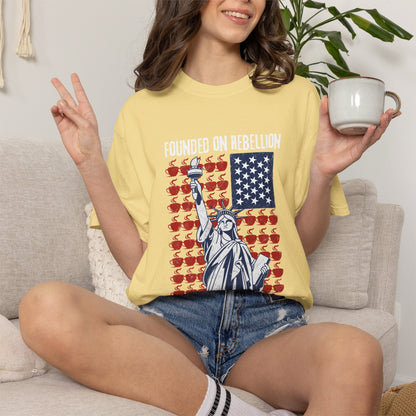 Founded on Rebellion, Running on Coffee Funny Graphic T-Shirt | Comfort Colors