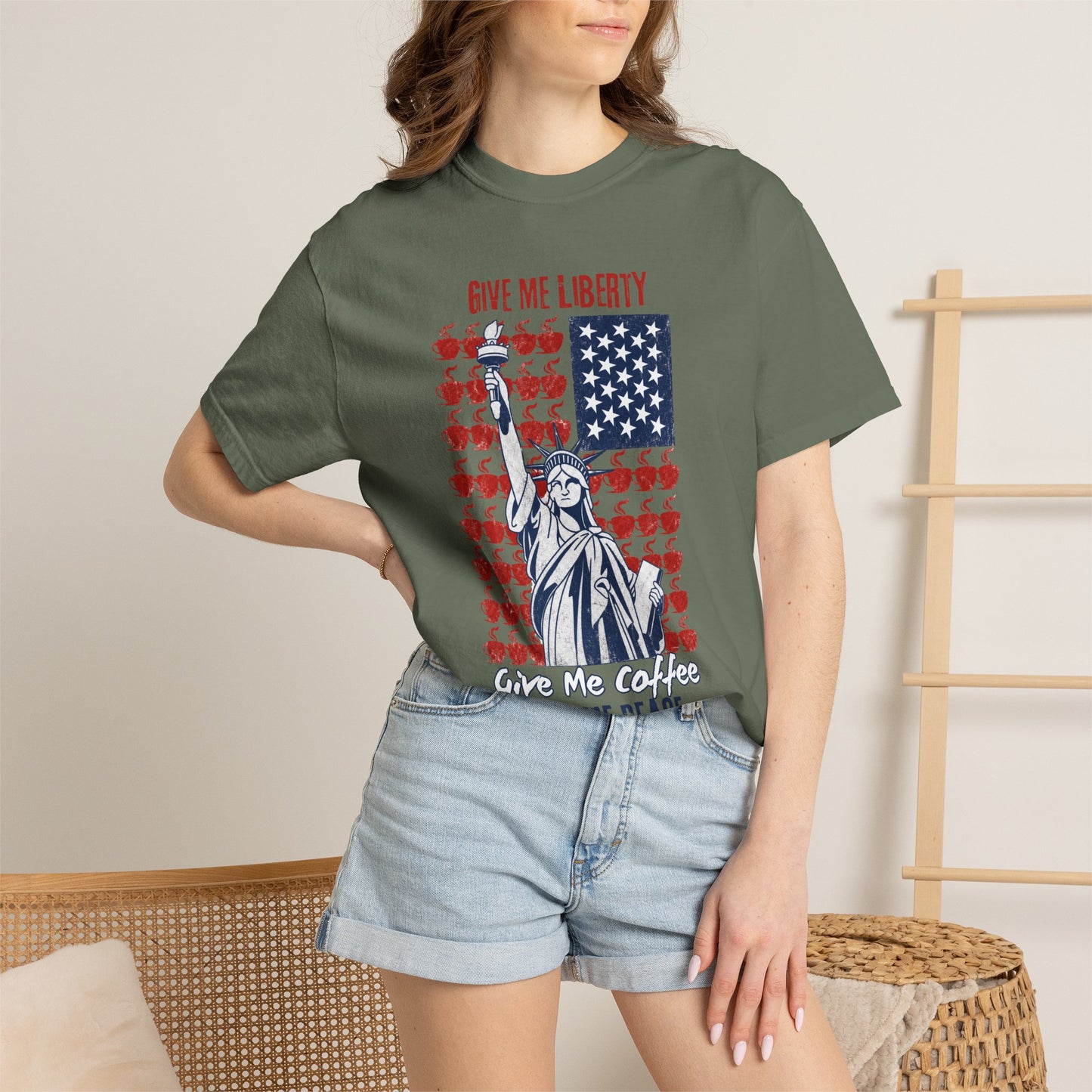 Give Me Liberty, Coffee, Peace | Fun Freedom Coffee Lover Tee | Comfort Colors