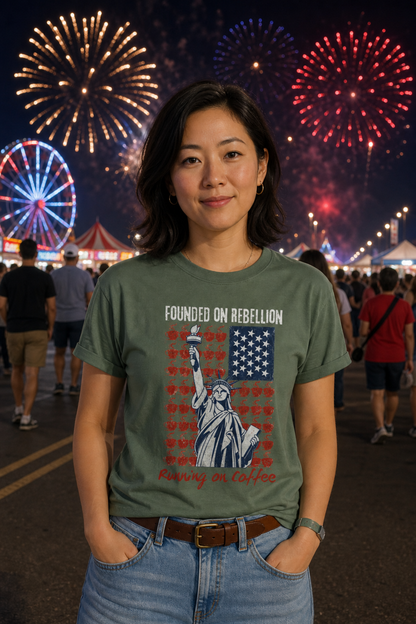 Founded on Rebellion, Running on Coffee Funny Graphic T-Shirt | Comfort Colors