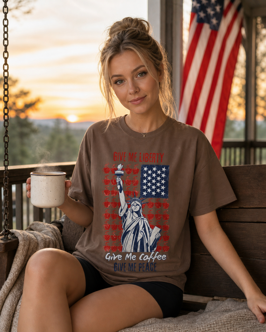 Give Me Liberty, Coffee, Peace | Fun Freedom Coffee Lover Tee | Comfort Colors